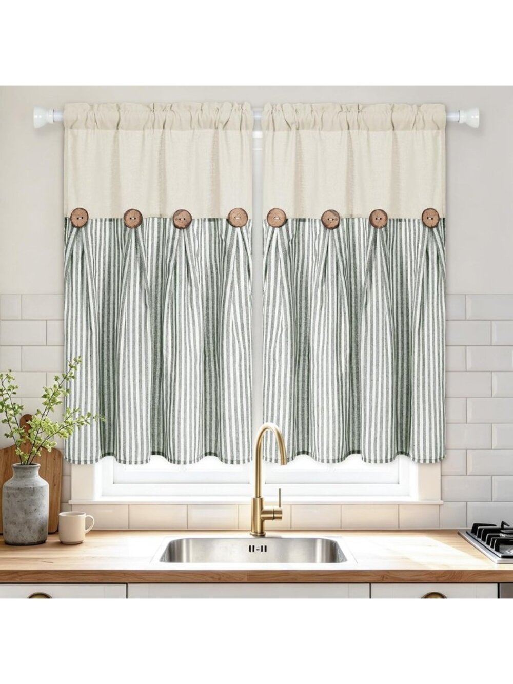 Boho Green Stripe Cotton Linen Kitchen Curtains, 36" Short Rod Pocket Tiers, 2